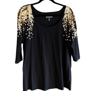 Romans Three Quarter Sleeve Gold Sequin Embellished Tunic 30" Length Cotton/Poly